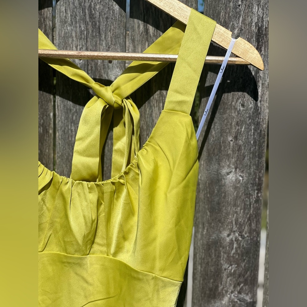 Lulus Certainly Glorious Chartreuse Satin Backless Midi Slip Dress NWT - Picture 9 of 11